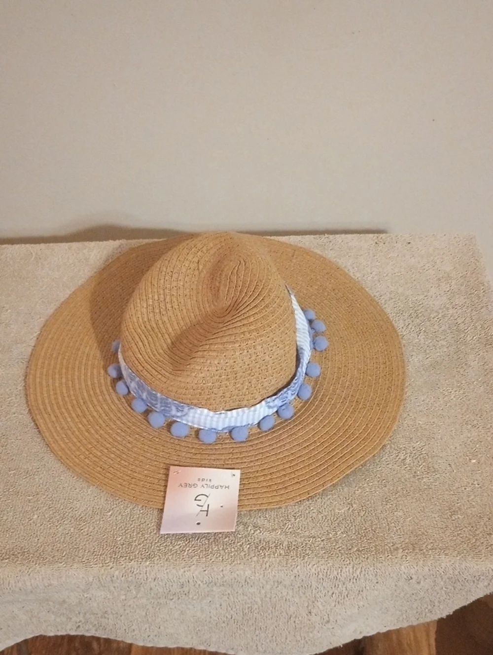 Kids Spring Infants Straw Sun Hat with Blue Pom-Pom Trim 18 months